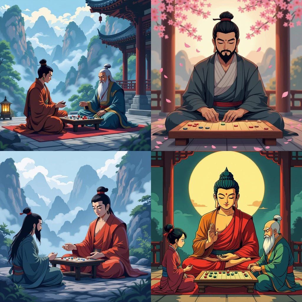 Buddha and Laozi Play Go: Cel-Shaded Anime Art