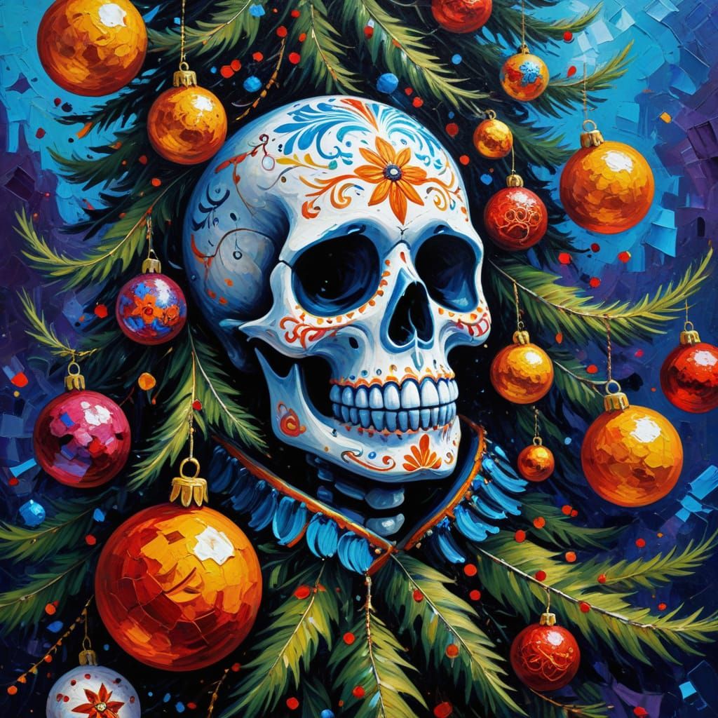 Day of the Dead Christmas Tree in Neo-Impressionist Style