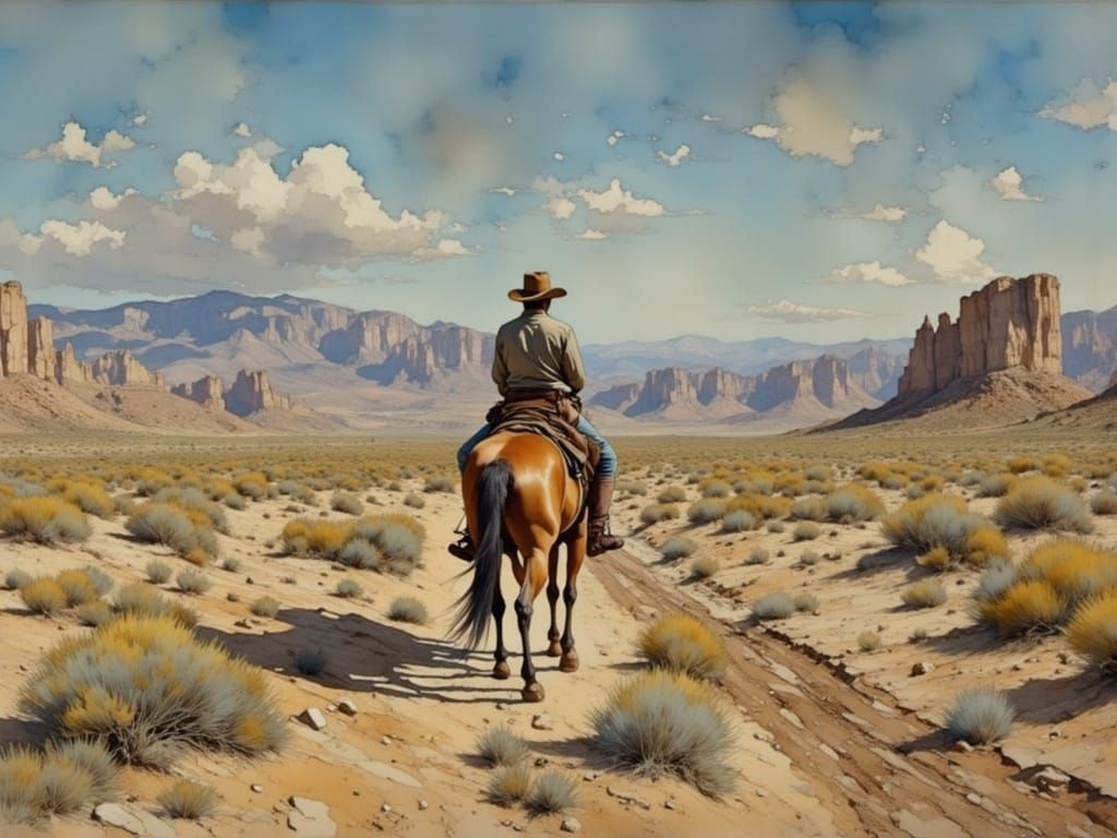 Cowboy Rides Through Tabernas Desert in Painterly Style