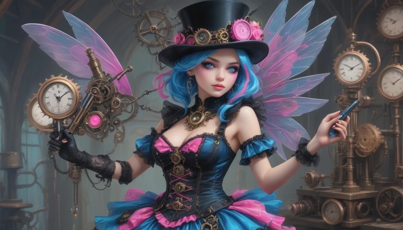 Steampunk Fairy with Soldering Gun in Neon Colors