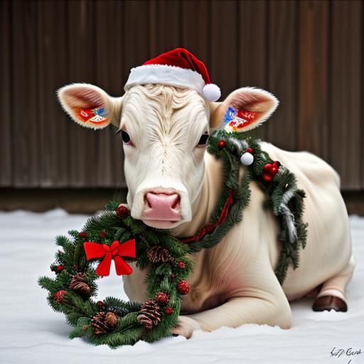 Calf with Christmas Wreath: Realistic Photography