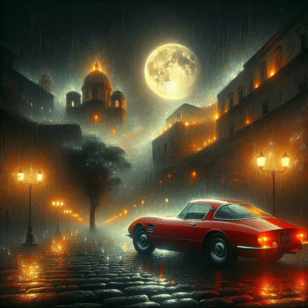 Red Alfa Romeo Spider in Rainy City, Oil Painting