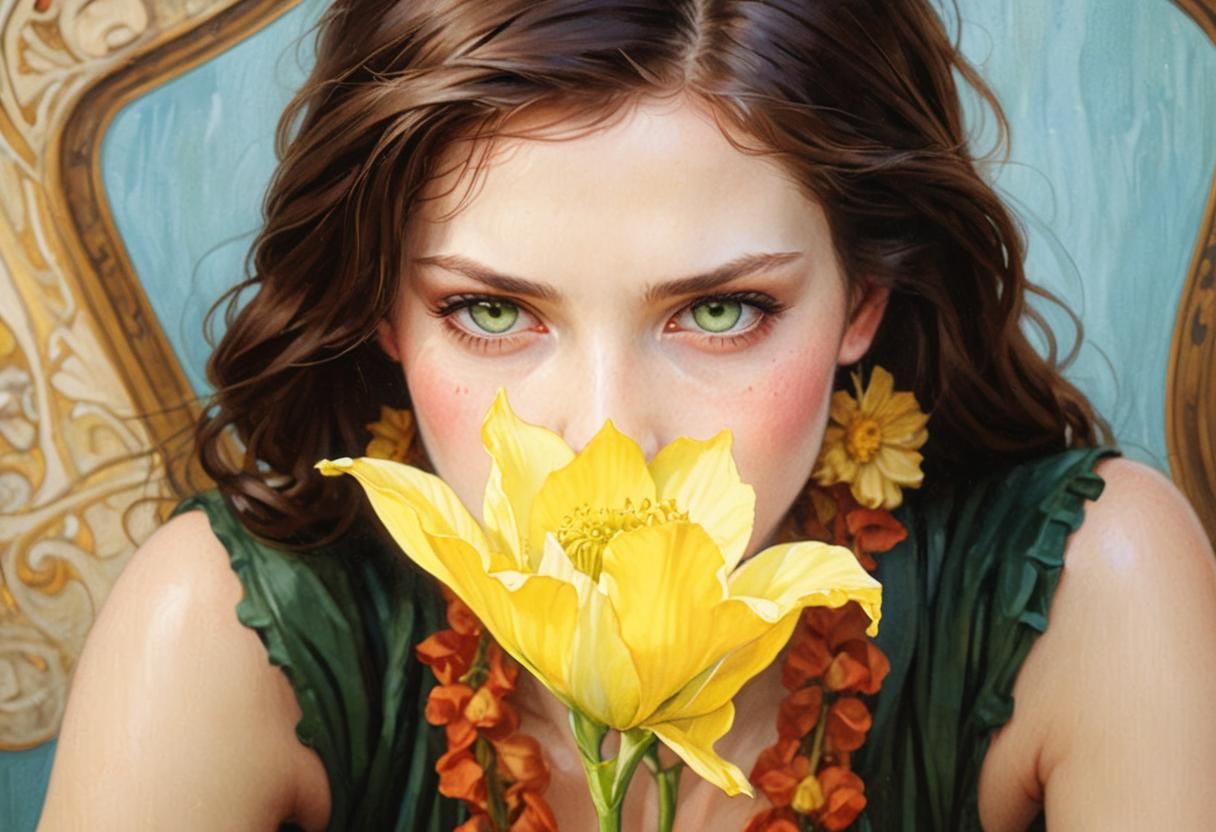Green Eyed Woman Smelling Flower in Art Nouveau Style