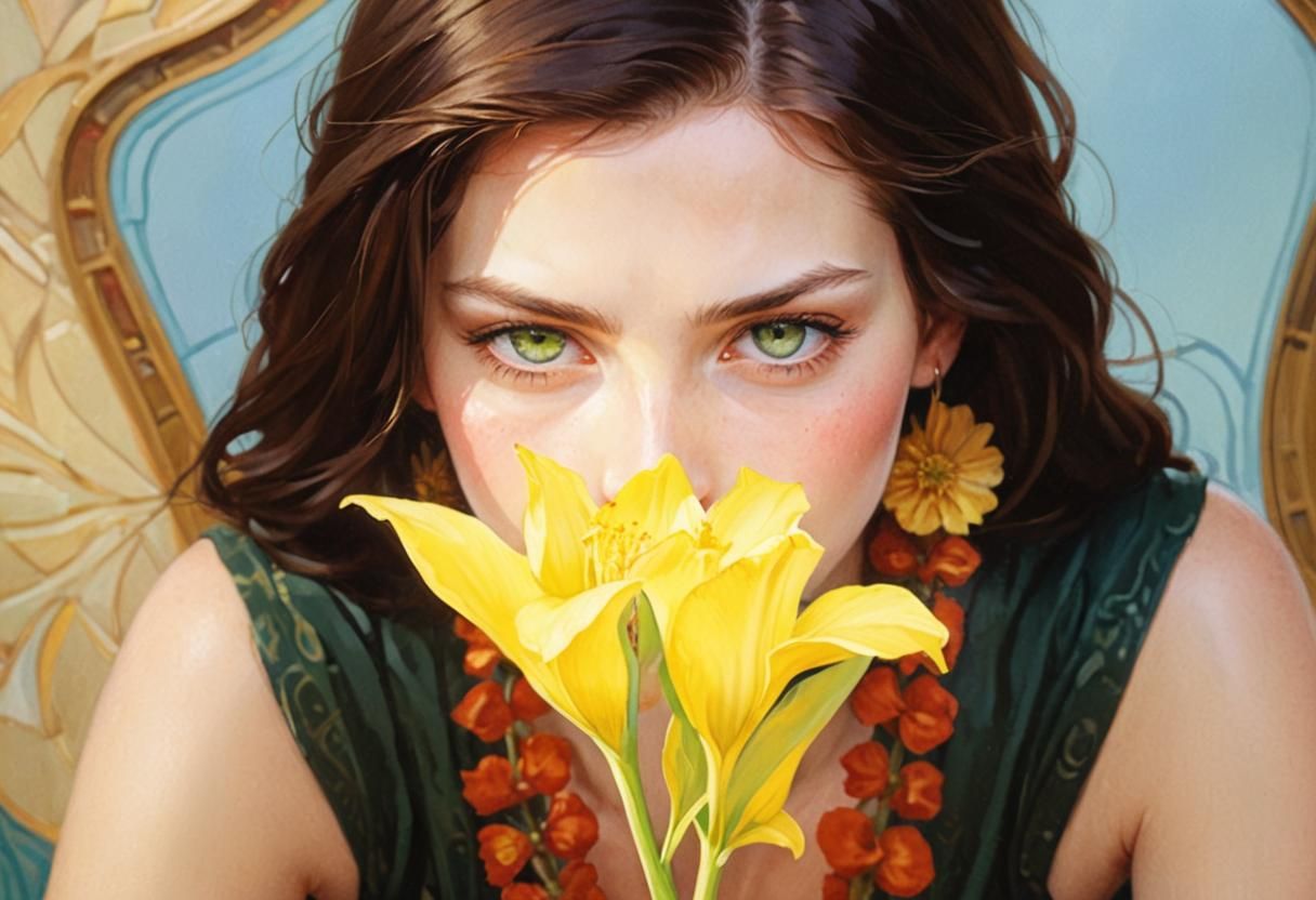 Beautiful Woman Smelling Flower: Art Nouveau Portrait