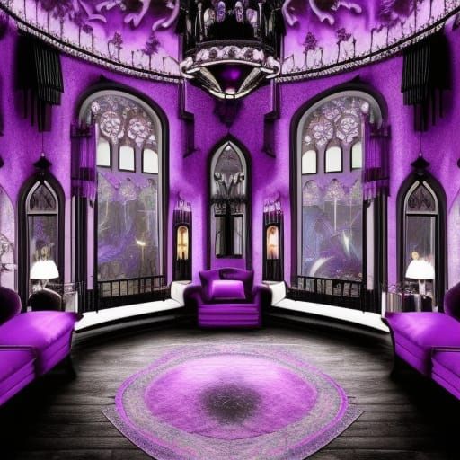 Purple labradorite gothic penthouse with purple labradorite walls with lavender labradorite accents& Black Gothic window...