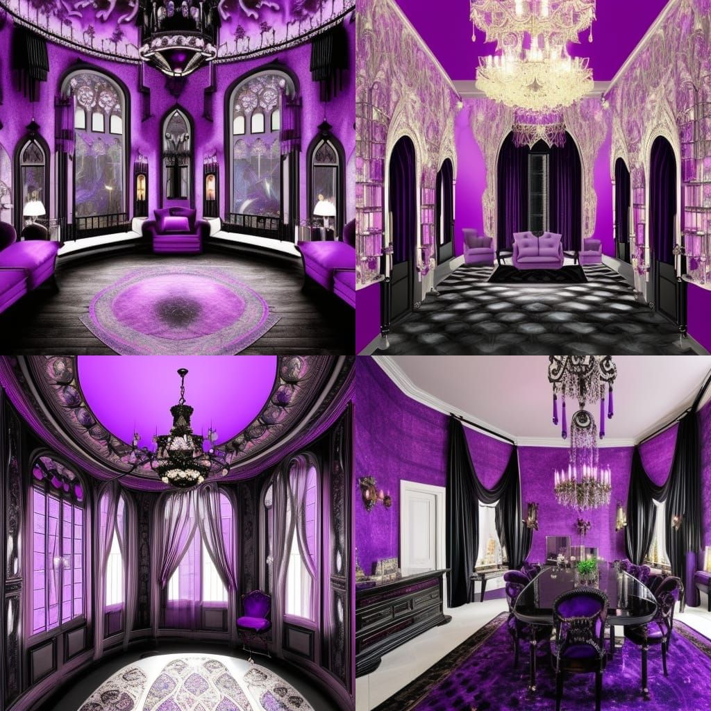 Purple labradorite gothic penthouse with purple labradorite walls with lavender labradorite accents& Black Gothic window...