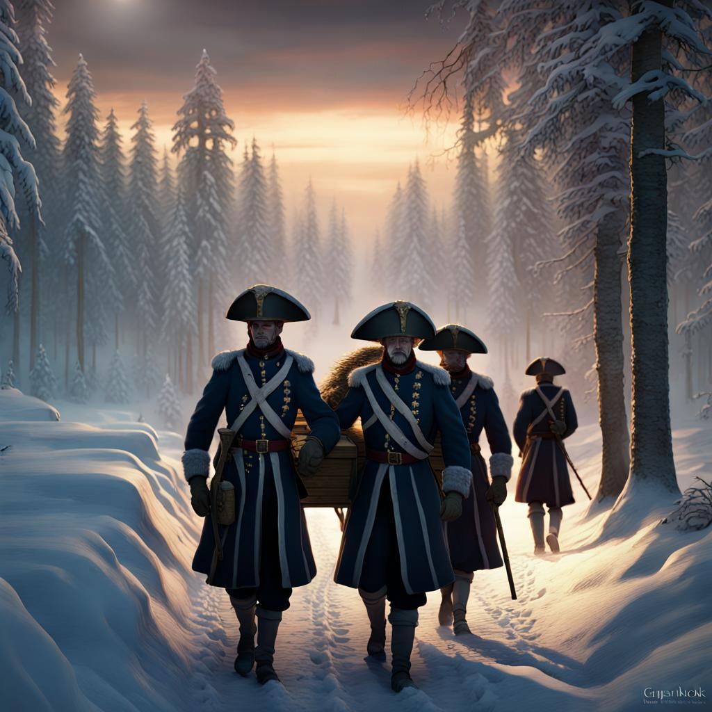Swedish Soldiers Carry Coffin Through Snow, Dark Fantasy Art
