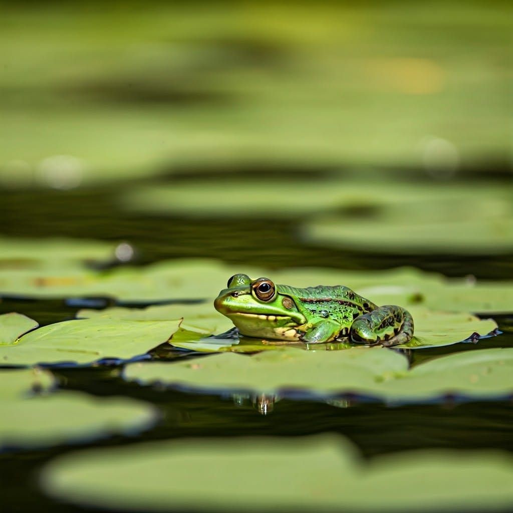 Green Frog on Lilypad Hopscotch, Natural Photography