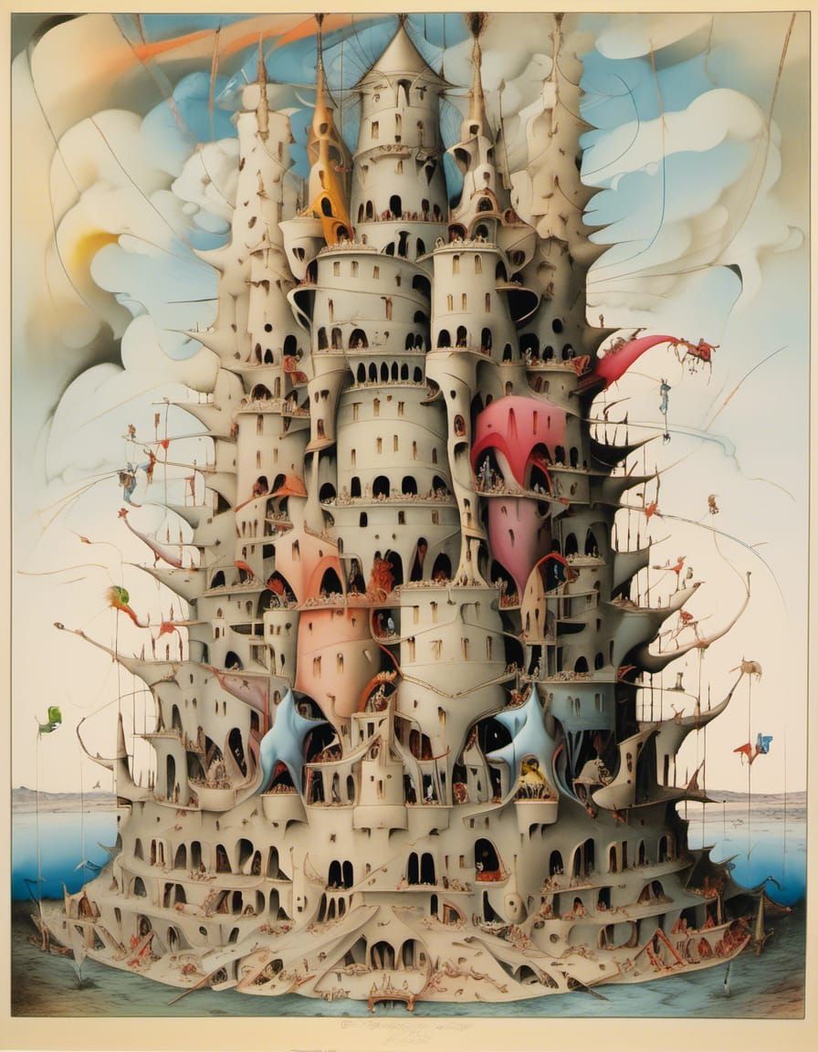Surreal Tower of Babel Construction with Elephants