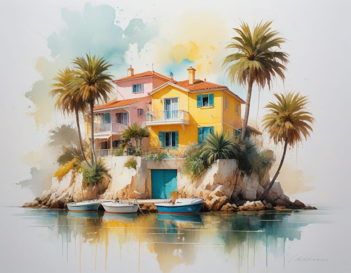 Cascais Marina at Sunset in Watercolour Style