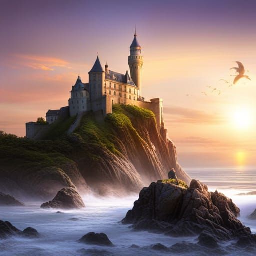 Capture the castle on a cliff during the early hours of dawn, with the rising sun casting a soft, golden light on the se...
