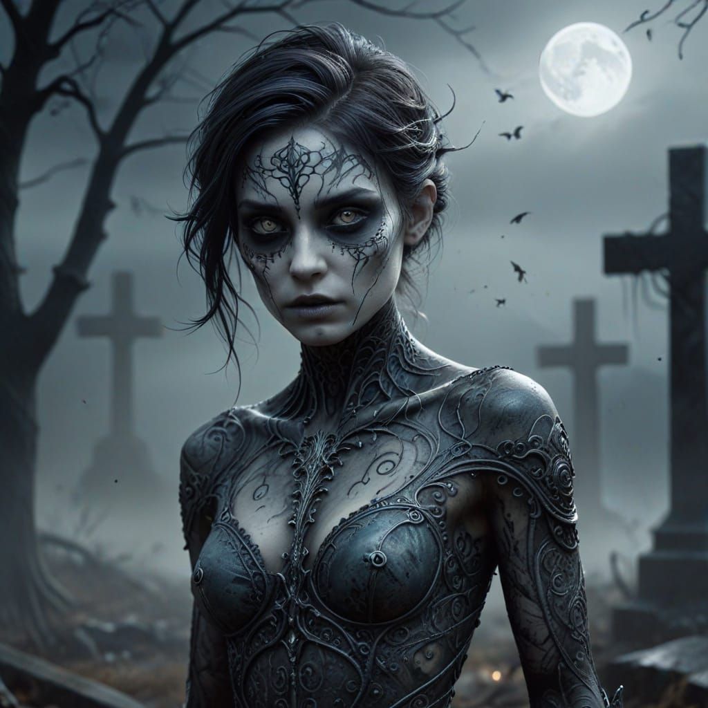 Haunting Banshee with Swirling Tattoos in Moonlit Graveyard