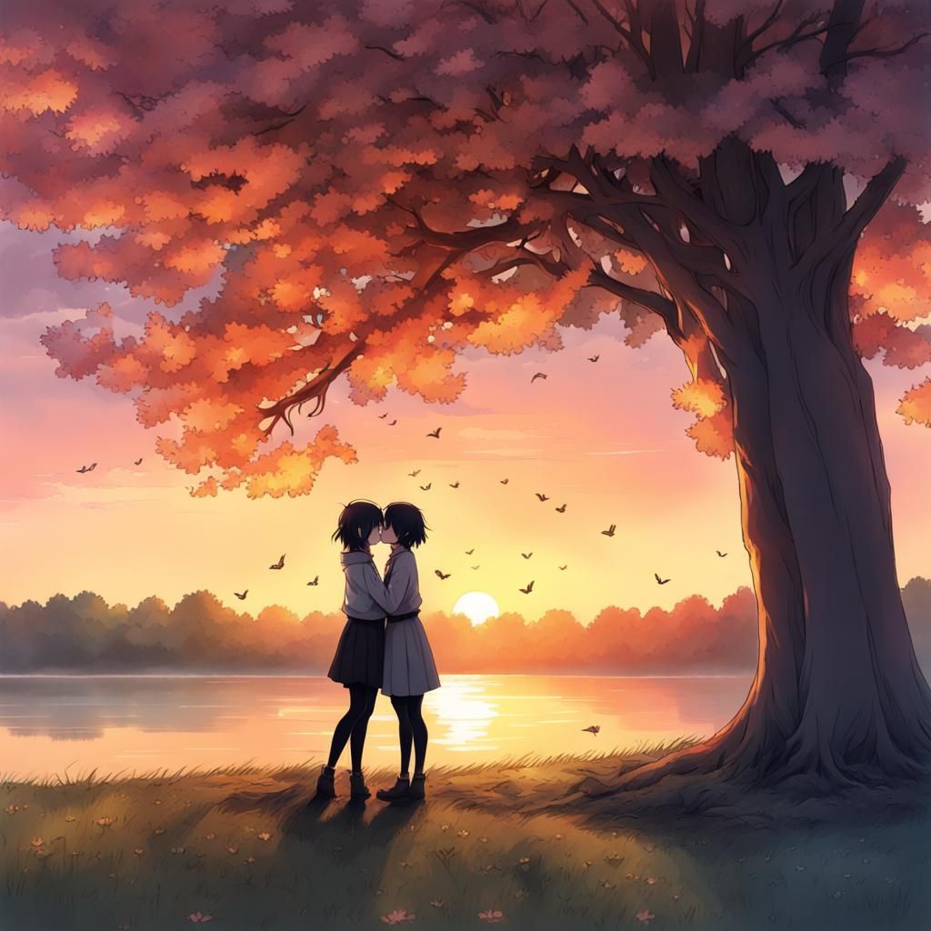 Sunset Kiss: Anime-Style Lesbian Couple Under Tree