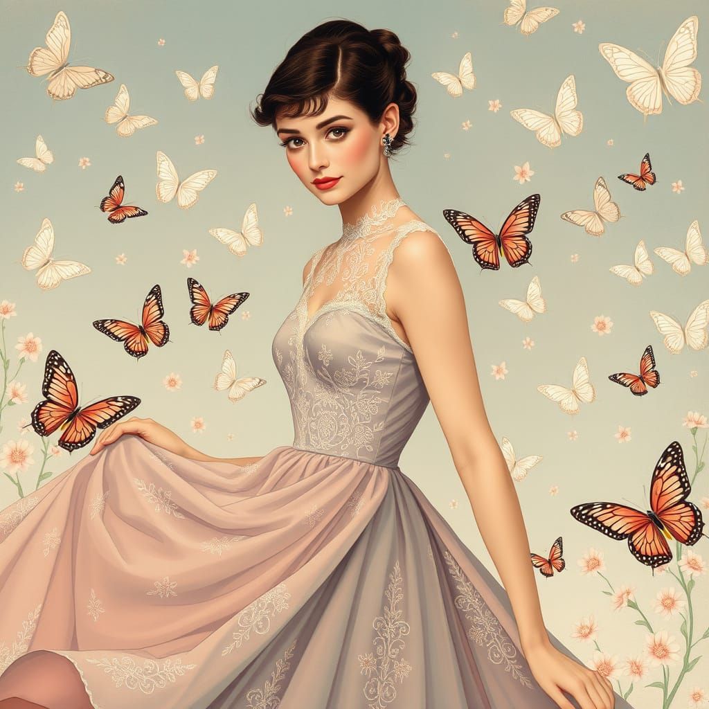 Elegant Figure Surrounded by Butterflies in Art Nouveau Styl...