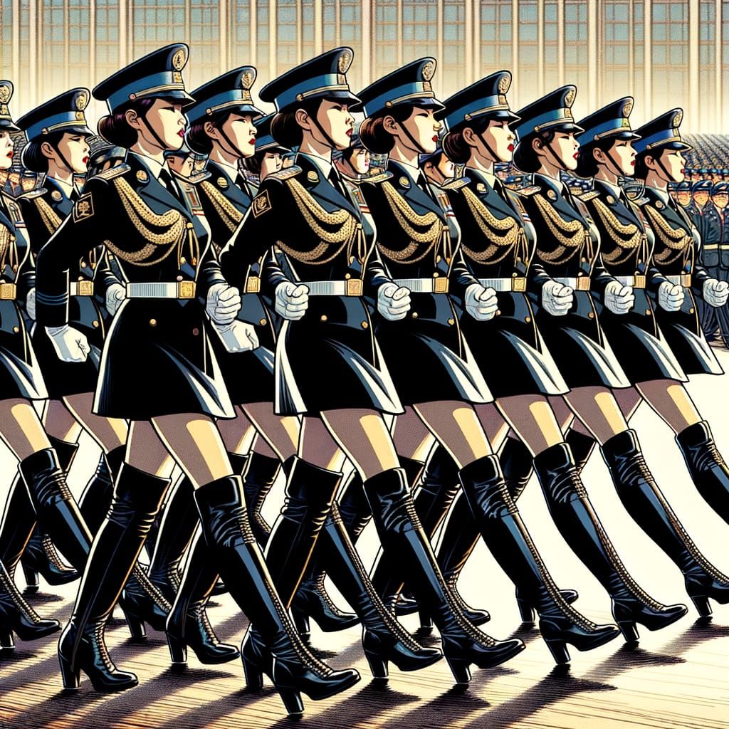 Vintage Comic Book Style Female Soldiers in Parade Formation
