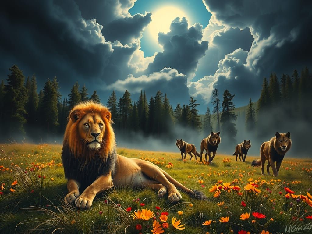 Lion in Meadow Beside Dark Forest, Dramatic Lighting