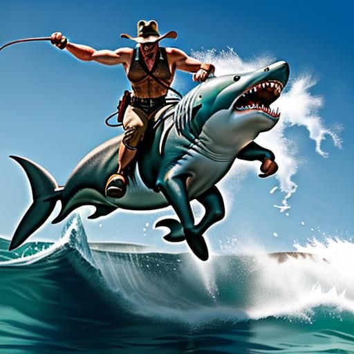 Indiana Jones riding a real great white shark bareback in the shark rodeo jett-sking dolphins chasing him