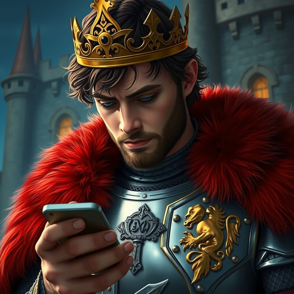 King Arthur Gazing at Mobile Phone in Castle