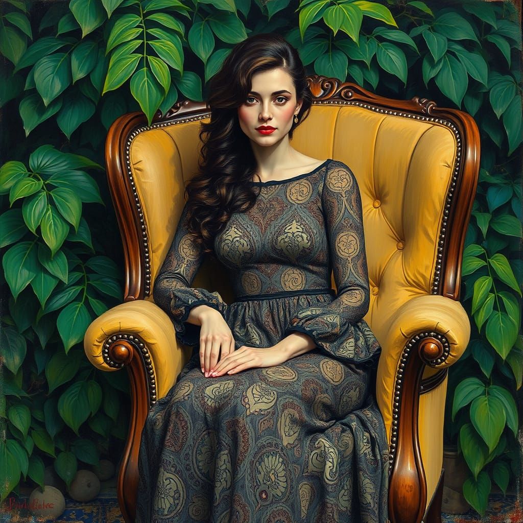 Woman in Armchair Surrounded by Greenery