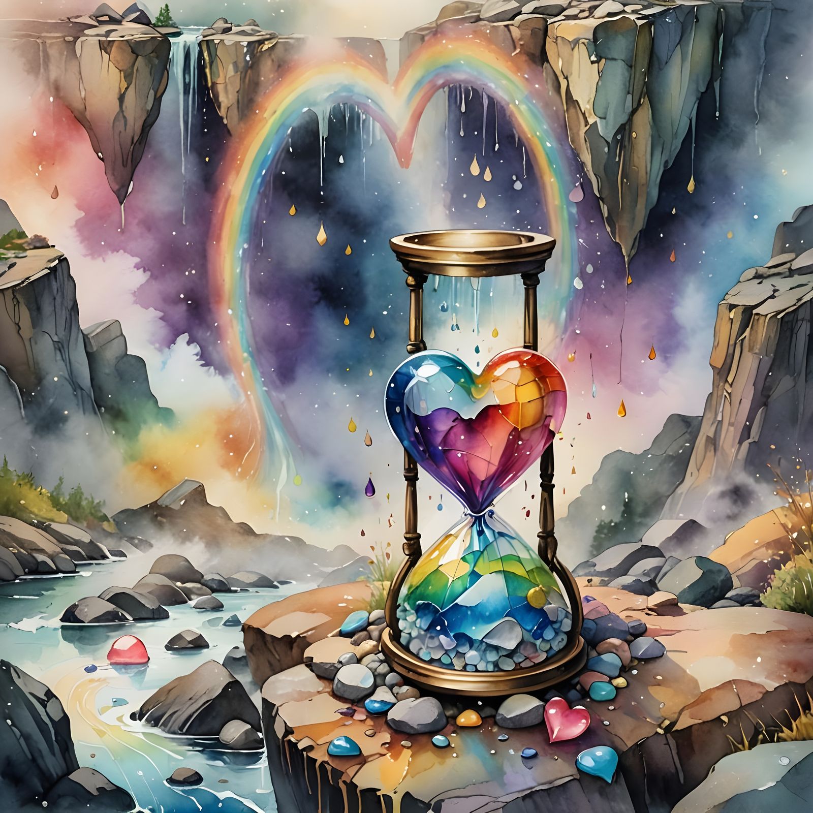 Rainbow Heart Tears in Hourglass: Watercolor Dreamscape