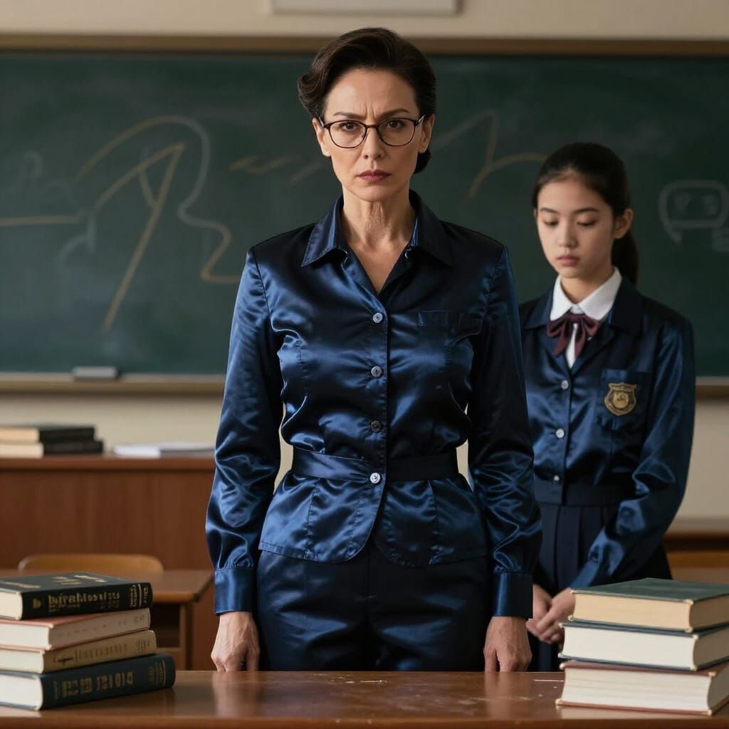 Mature Teacher and Student in Satin Uniforms