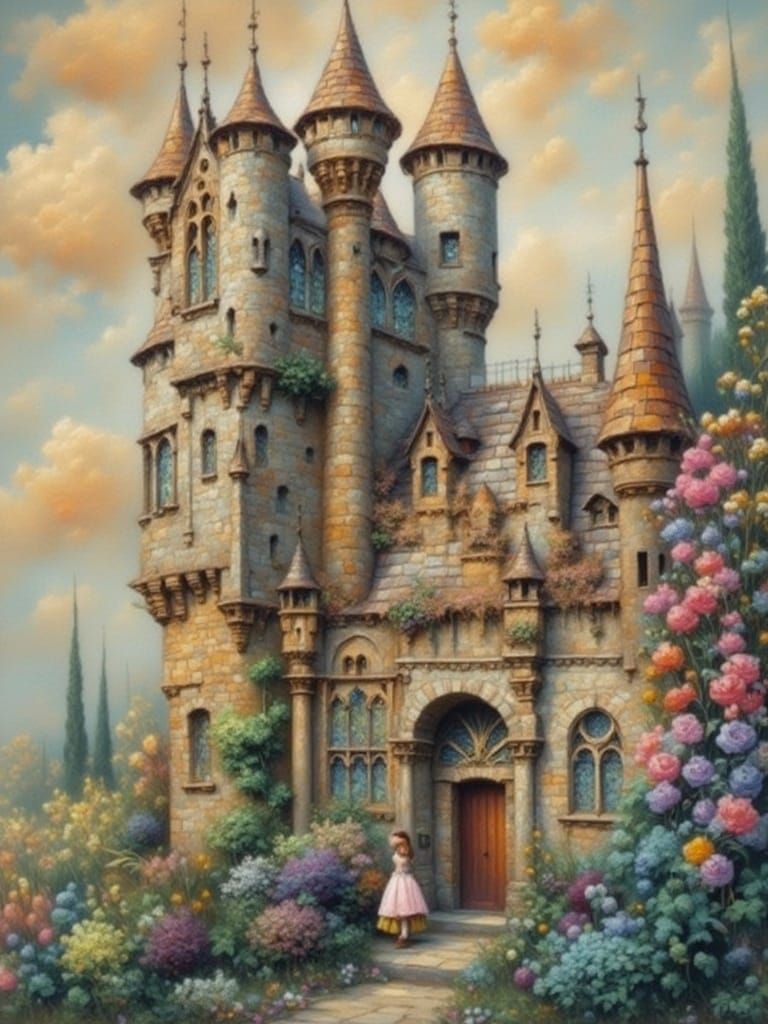 Whimsical House and Figure in Arthur Rackham Style