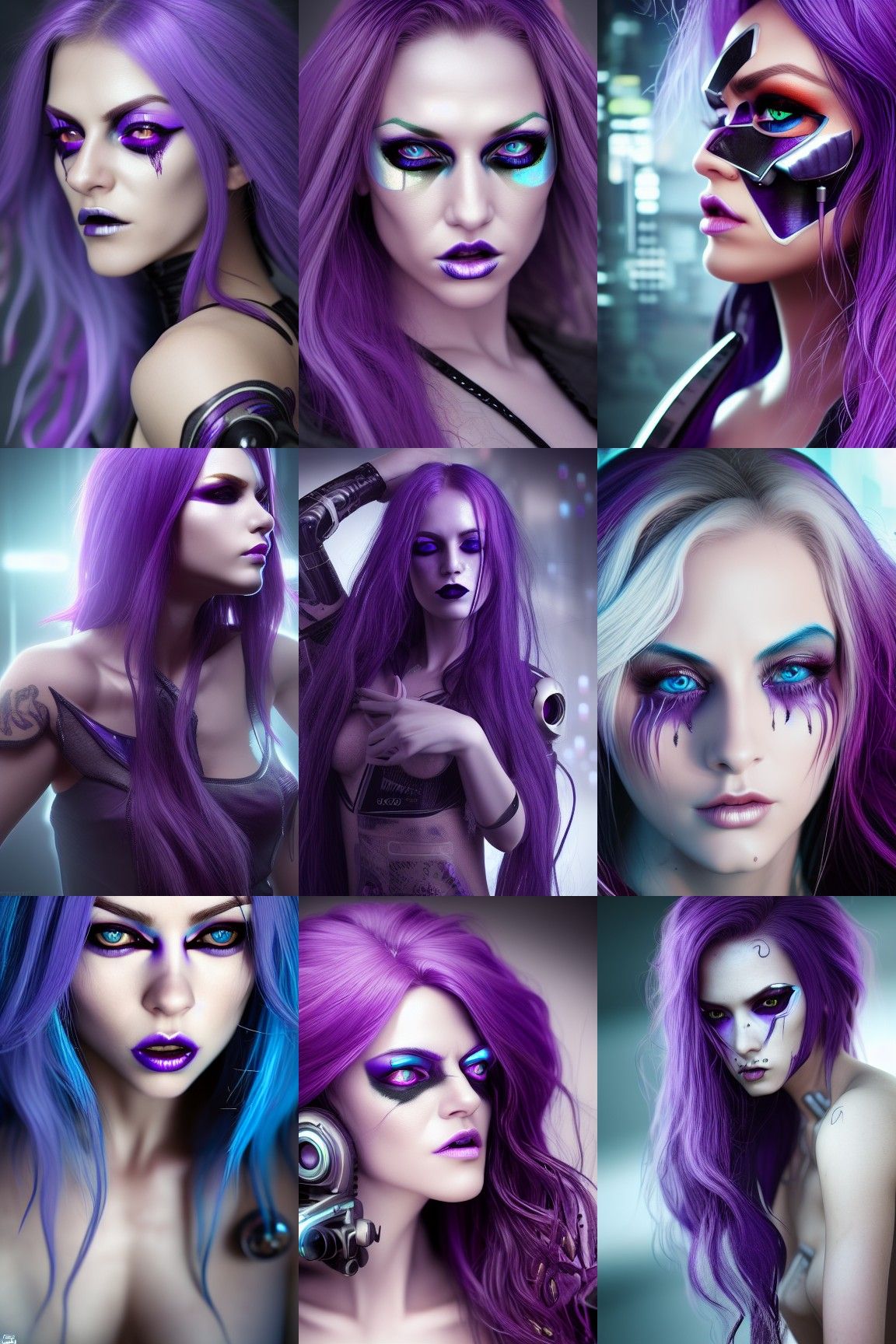 Cyberpunk Goddess with Purple Hair, Digital Art