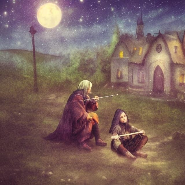 Medieval Bard Plays Flute in Village Square