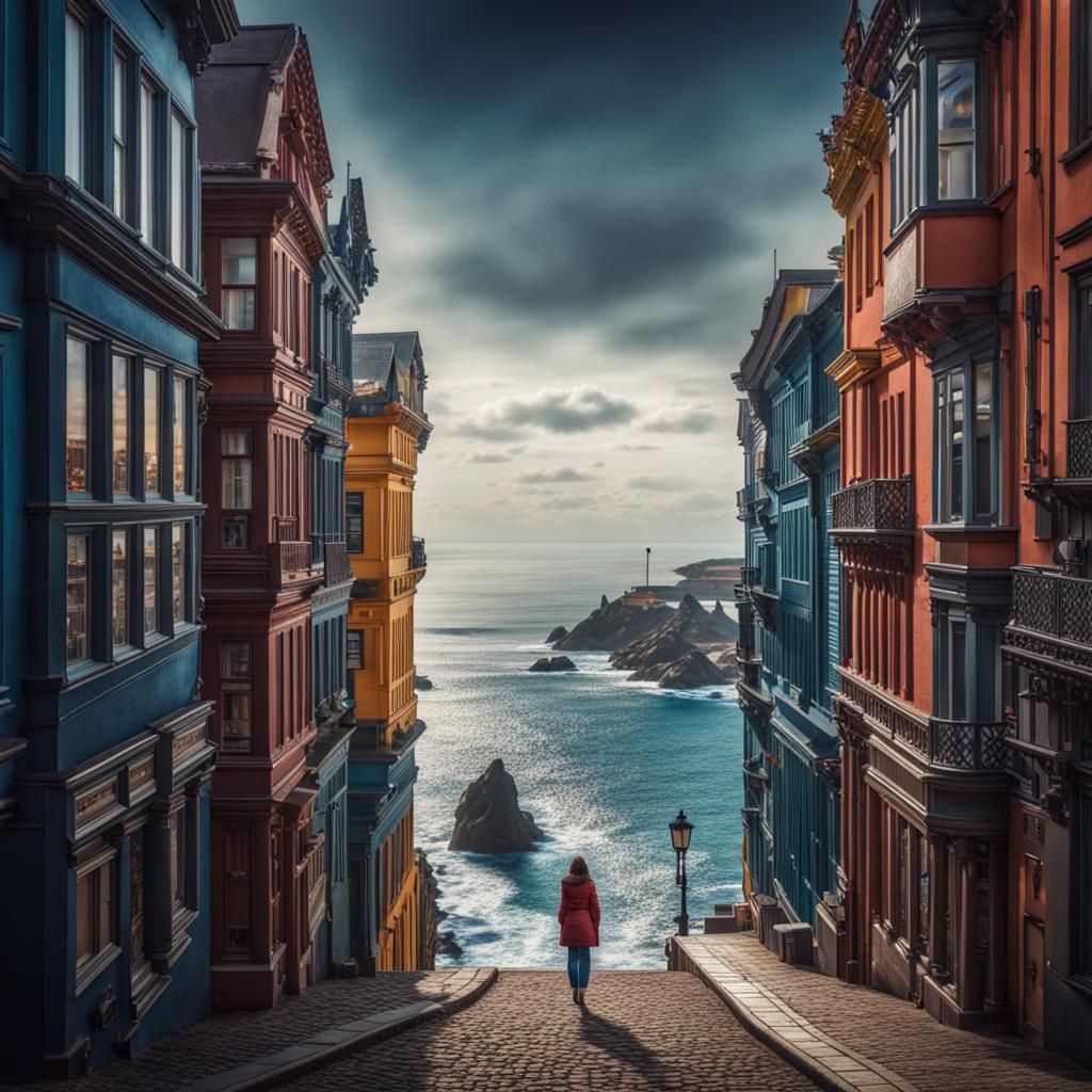 Hyperrealistic Crystal Street Scene with Ocean View
