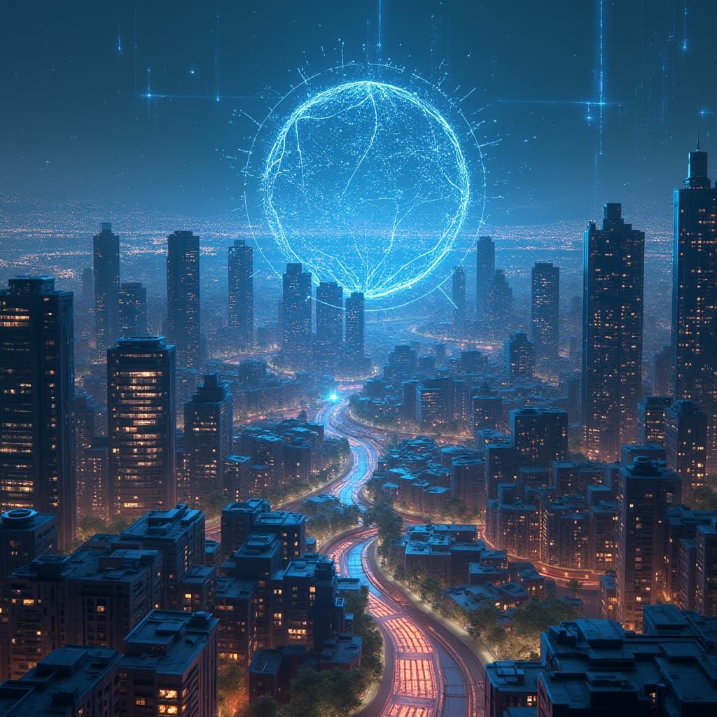Futuristic Cityscape with Glowing Neural Network