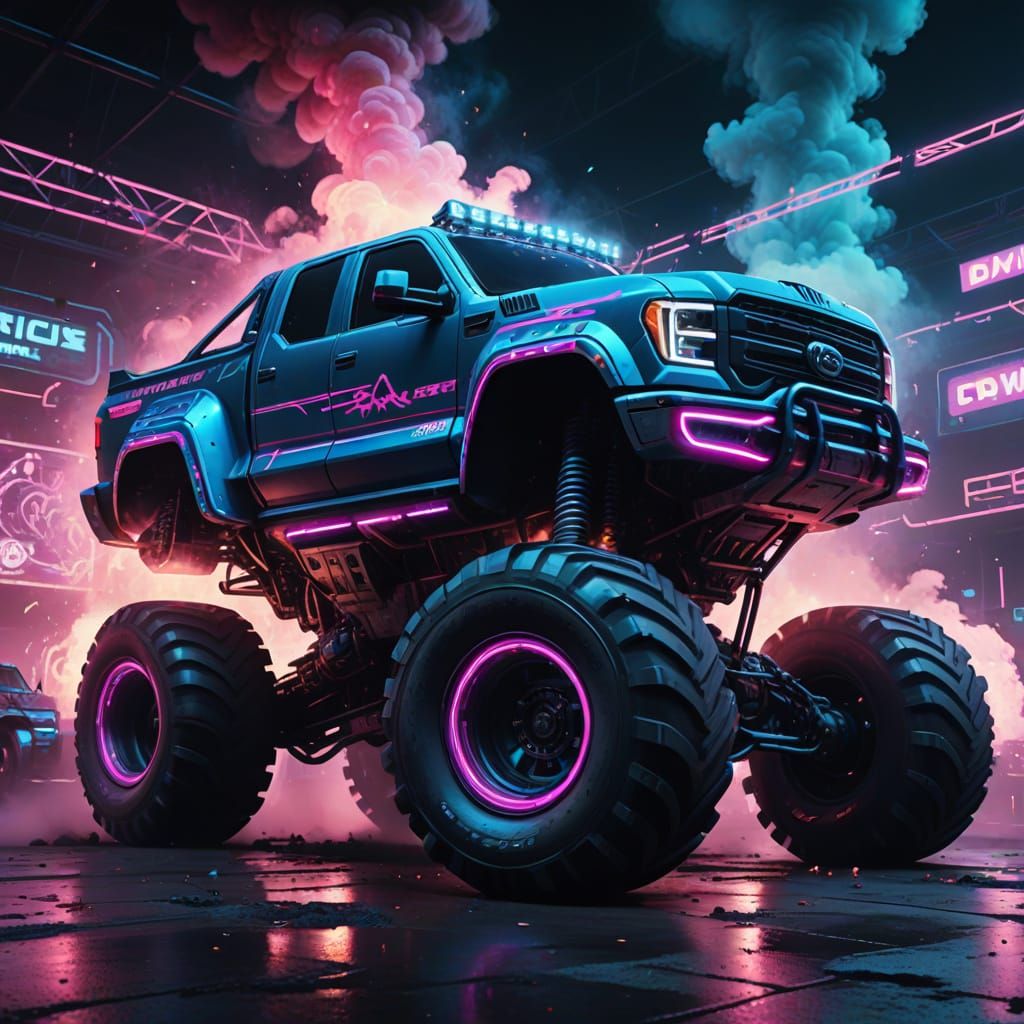 Cyberpunk Monster Truck Robot in Neon Arena