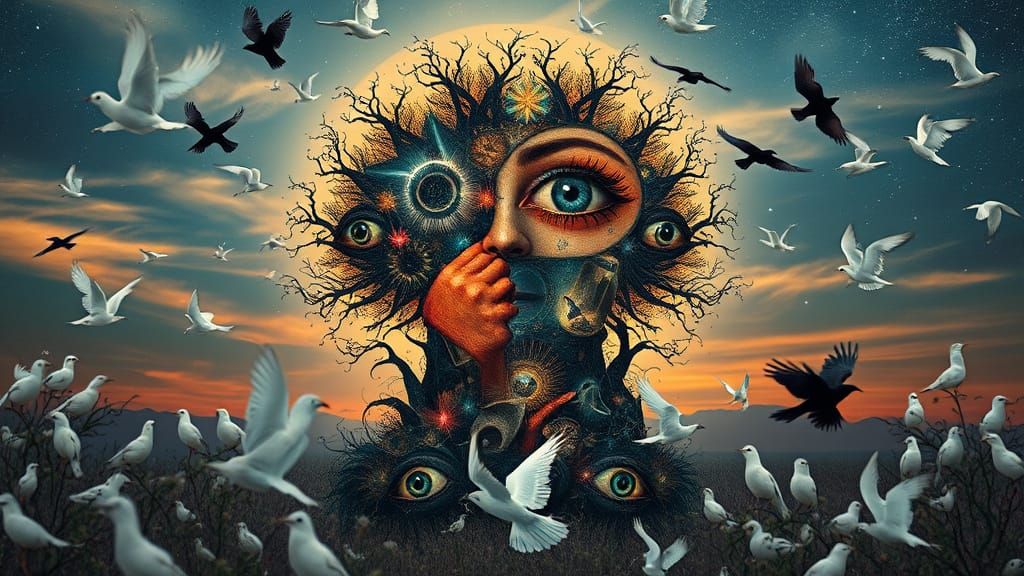 Ethereal Surreal Collage in Cosmic Warping Background