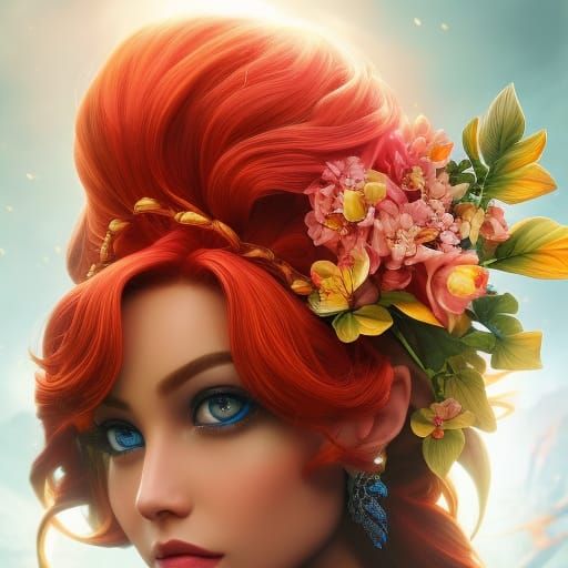 Princess Merida Portrait with Flowers, Hyperrealistic Render...