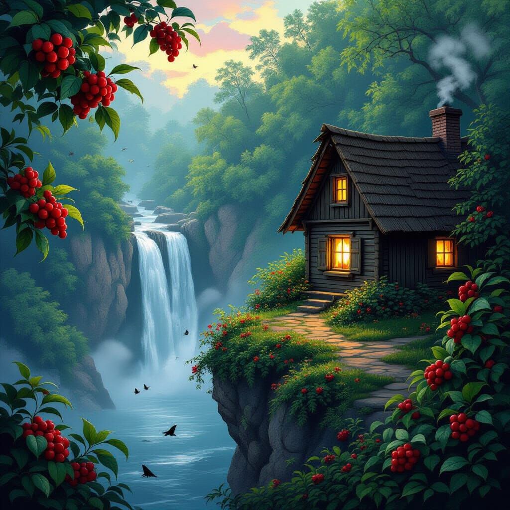 Cliffside Cottage at Sunset Waterfall