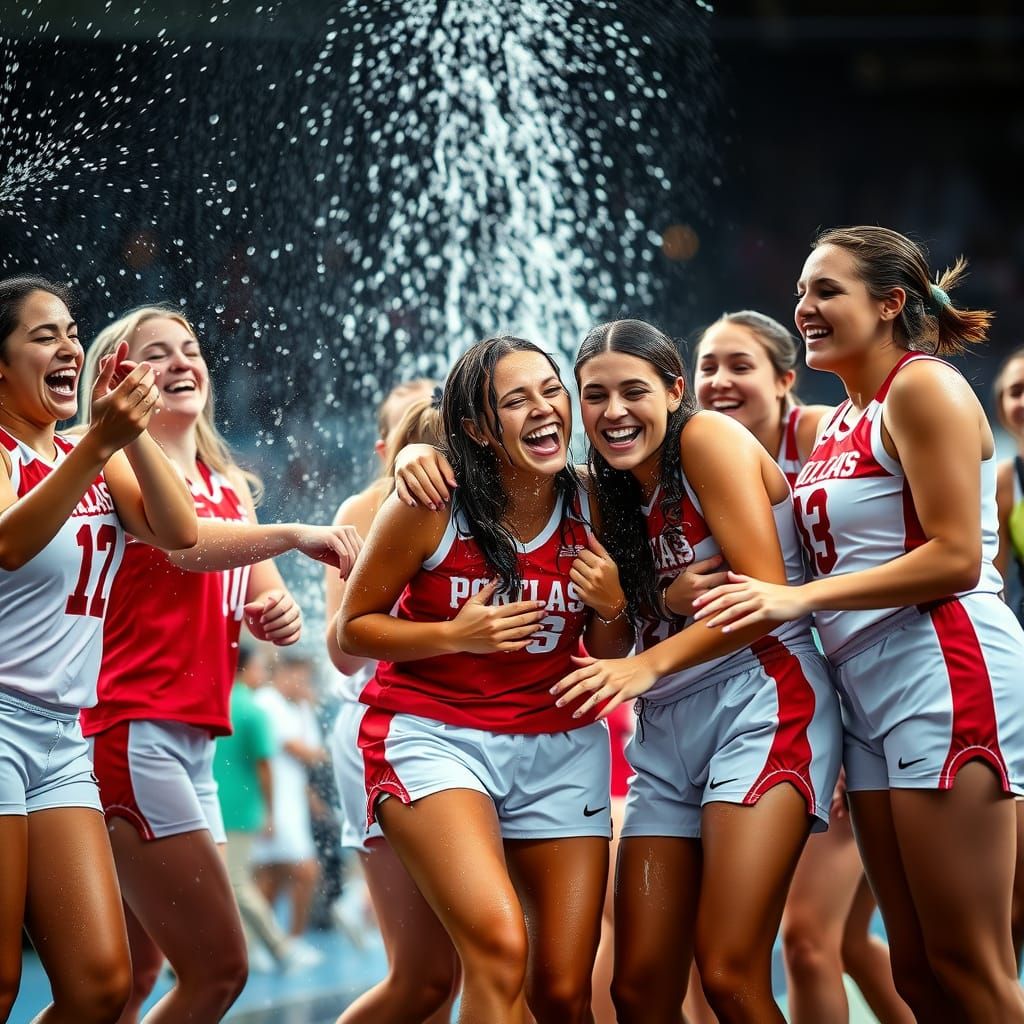 Vibrant Young Women Celebrate Team Victory in Joyful Showers