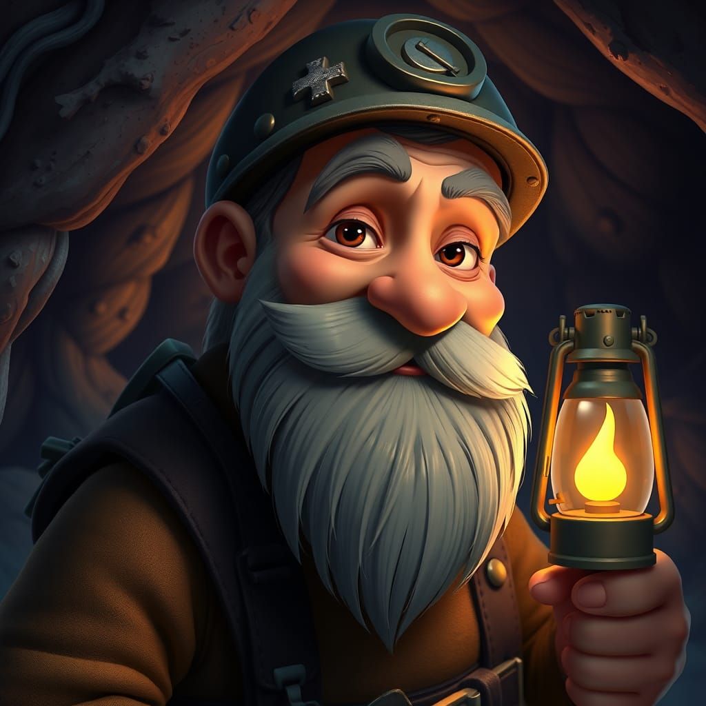 Miner Portrait with Gas Lantern in Whimsical 3D Style