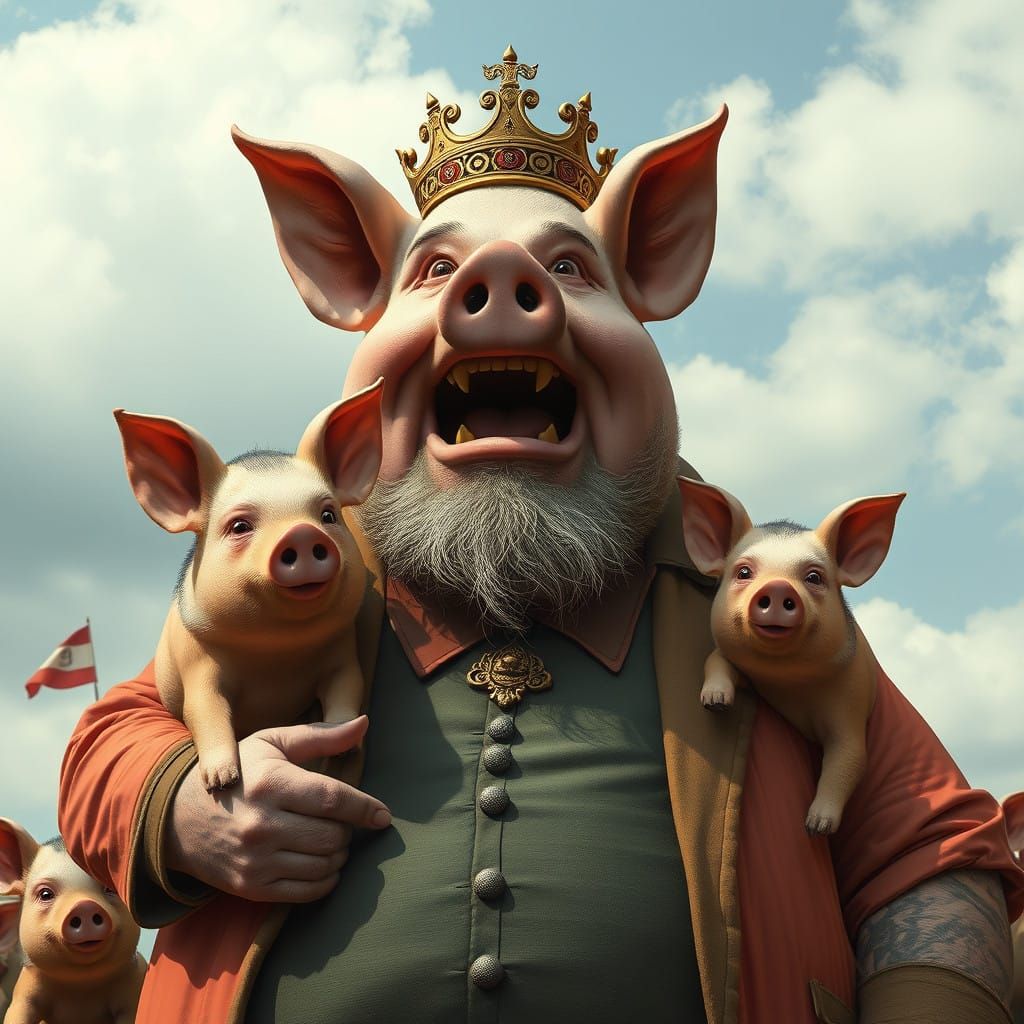 Surrealistic Portrait of a Large Man with a Pig