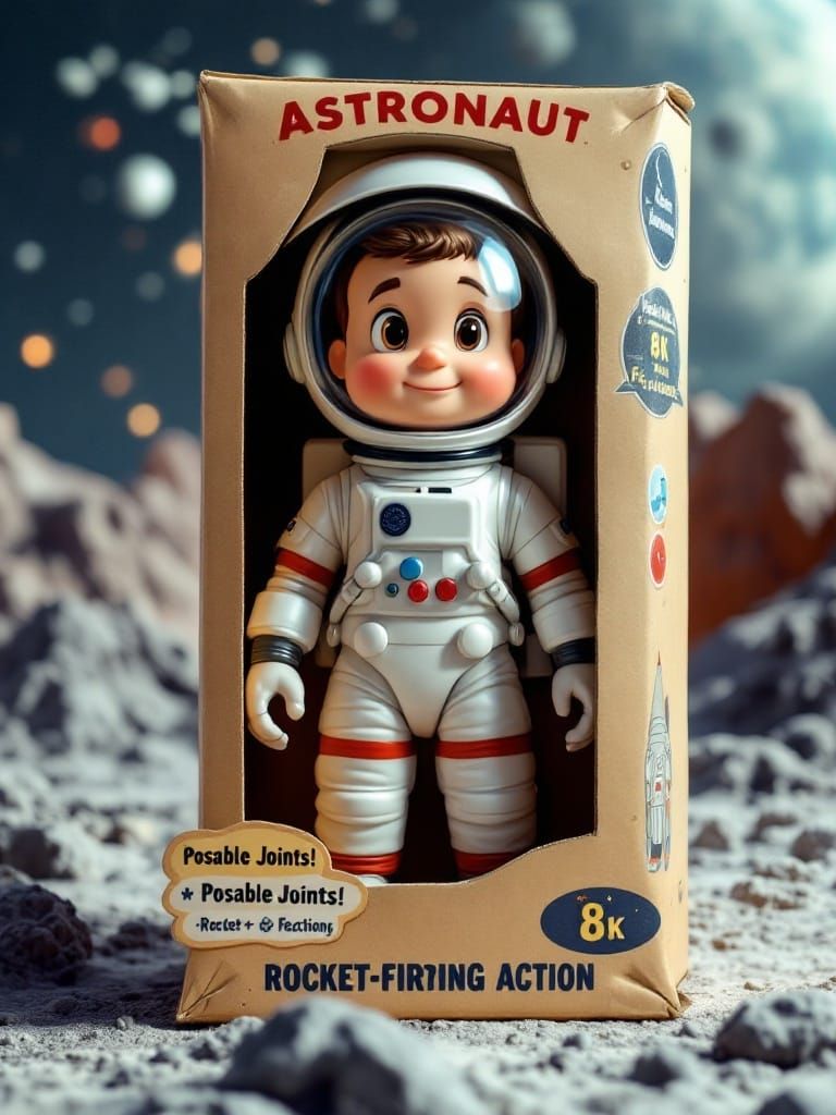 Retro-Style Astronaut Action Figure in Cardboard Box