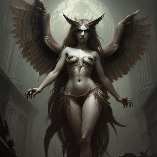 Beautiful Owl Harpy in Dark Engraving Style