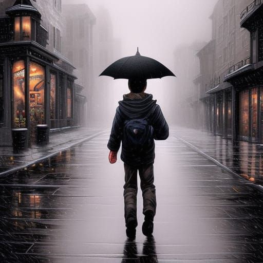 Boy Walks in Rainy Town: Comic Book Art