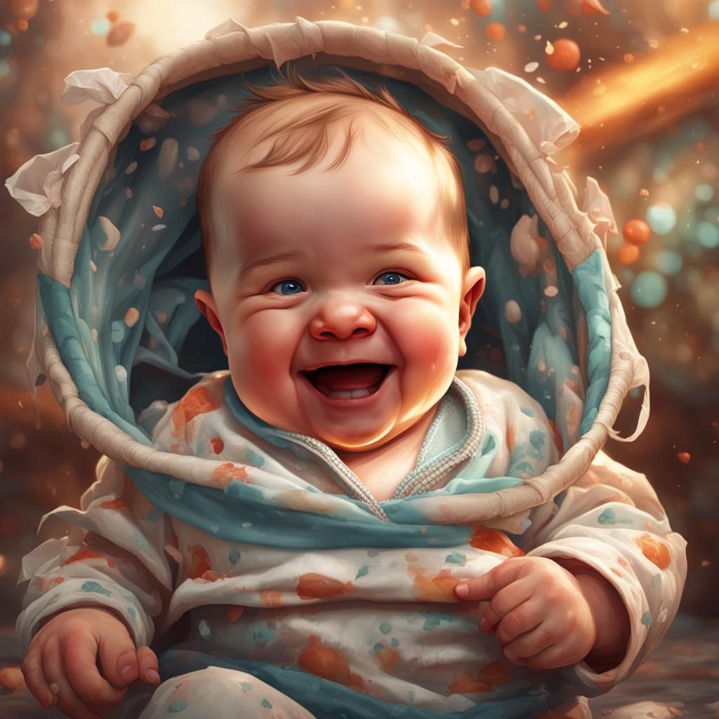 Laughing Baby Portrait in Hyperdetailed Art Nouveau Style