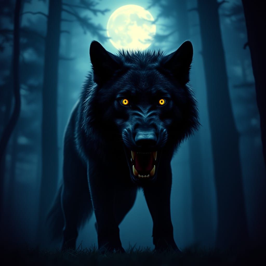 Majestic Black Wolf in Moonlit Forest, Cinematic Film Still