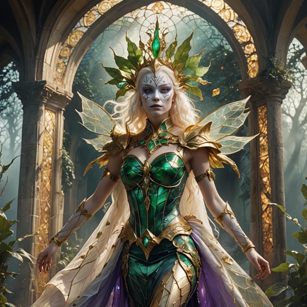 Biomechanical Fairy in Stained Glass Dress, Digital Art