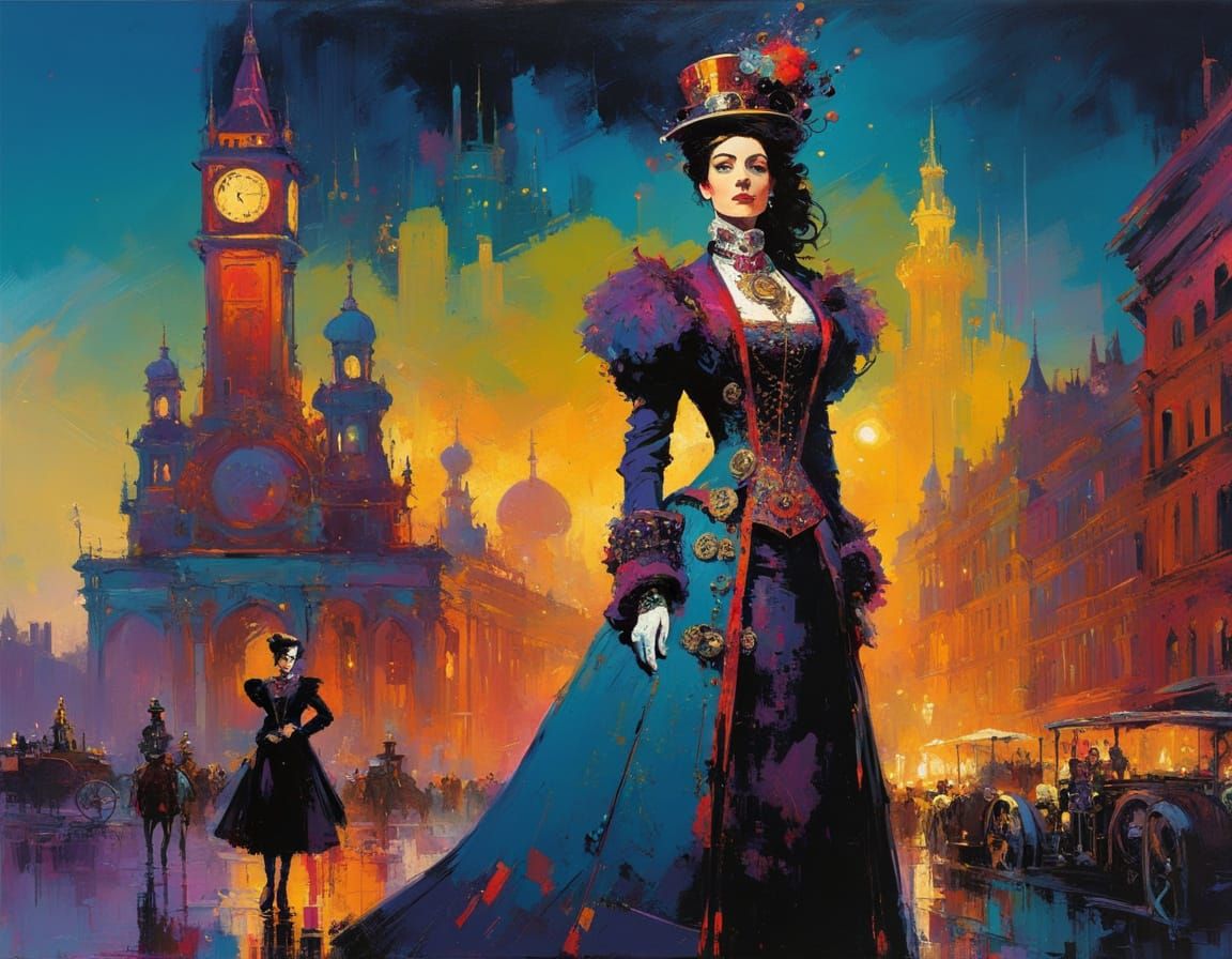 Surreal Techno Goddess in Victorian Cityscape