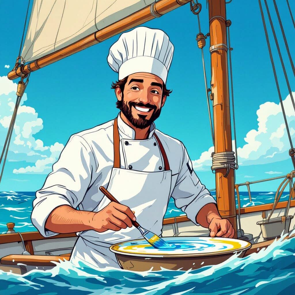 Cartoon Chef Painting on Sailboat in Animated Style