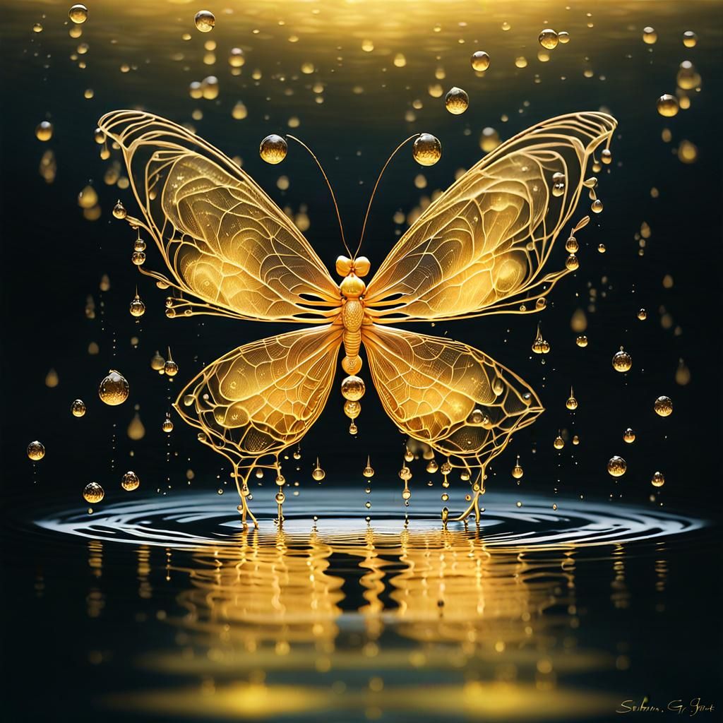 Golden Butterfly Emerges from Water in Hyperrealism
