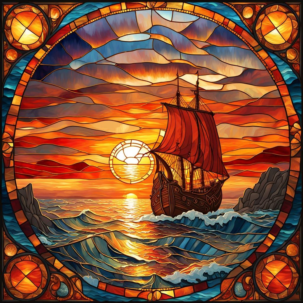 Viking Ship on Stained Glass Ocean Mosaic
