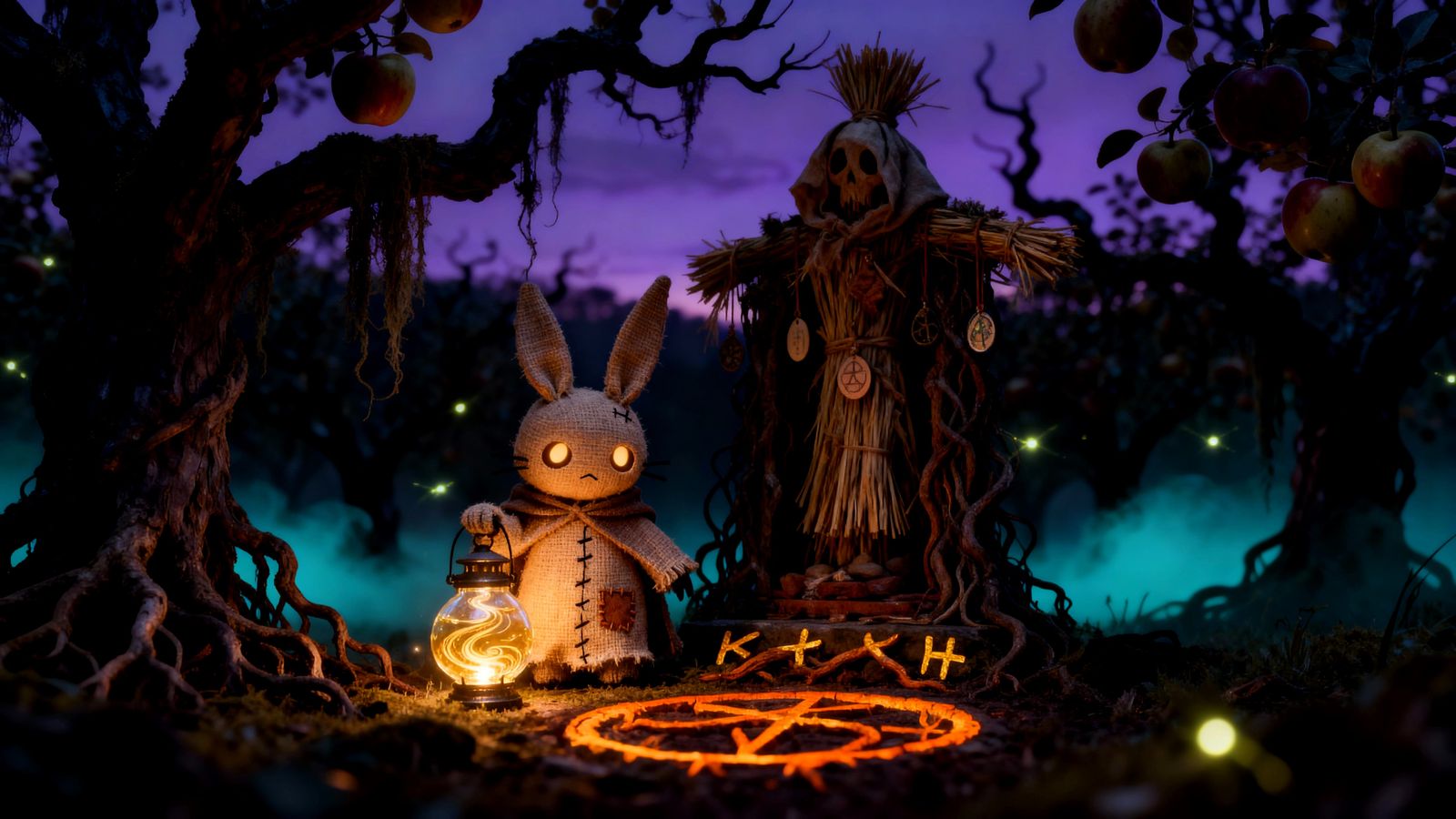 Eerie Scarecrow Shrine in Haunted Orchard Stop Motion Style