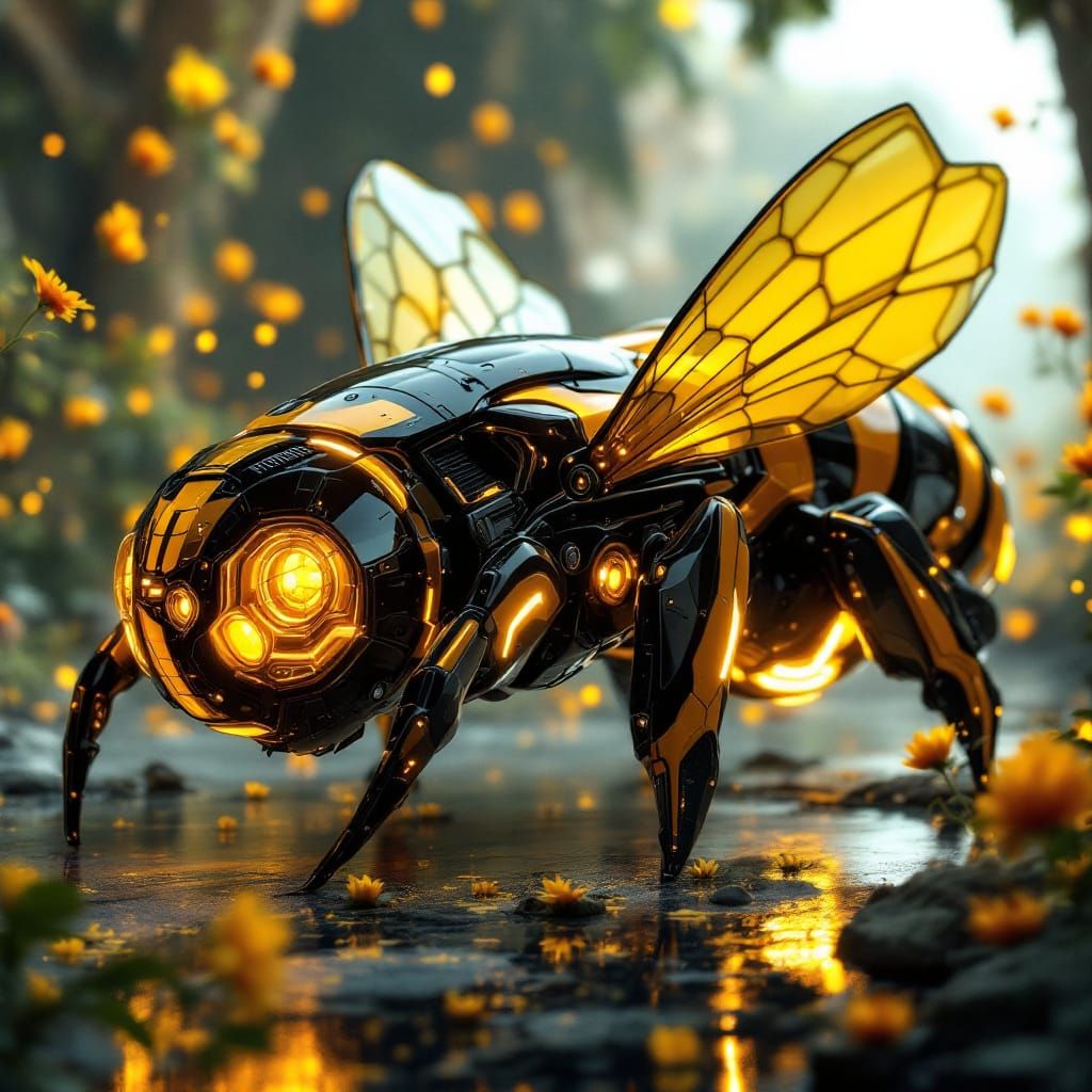 Cybernetic Bee-Inspired Vehicle in Sci-Fi City