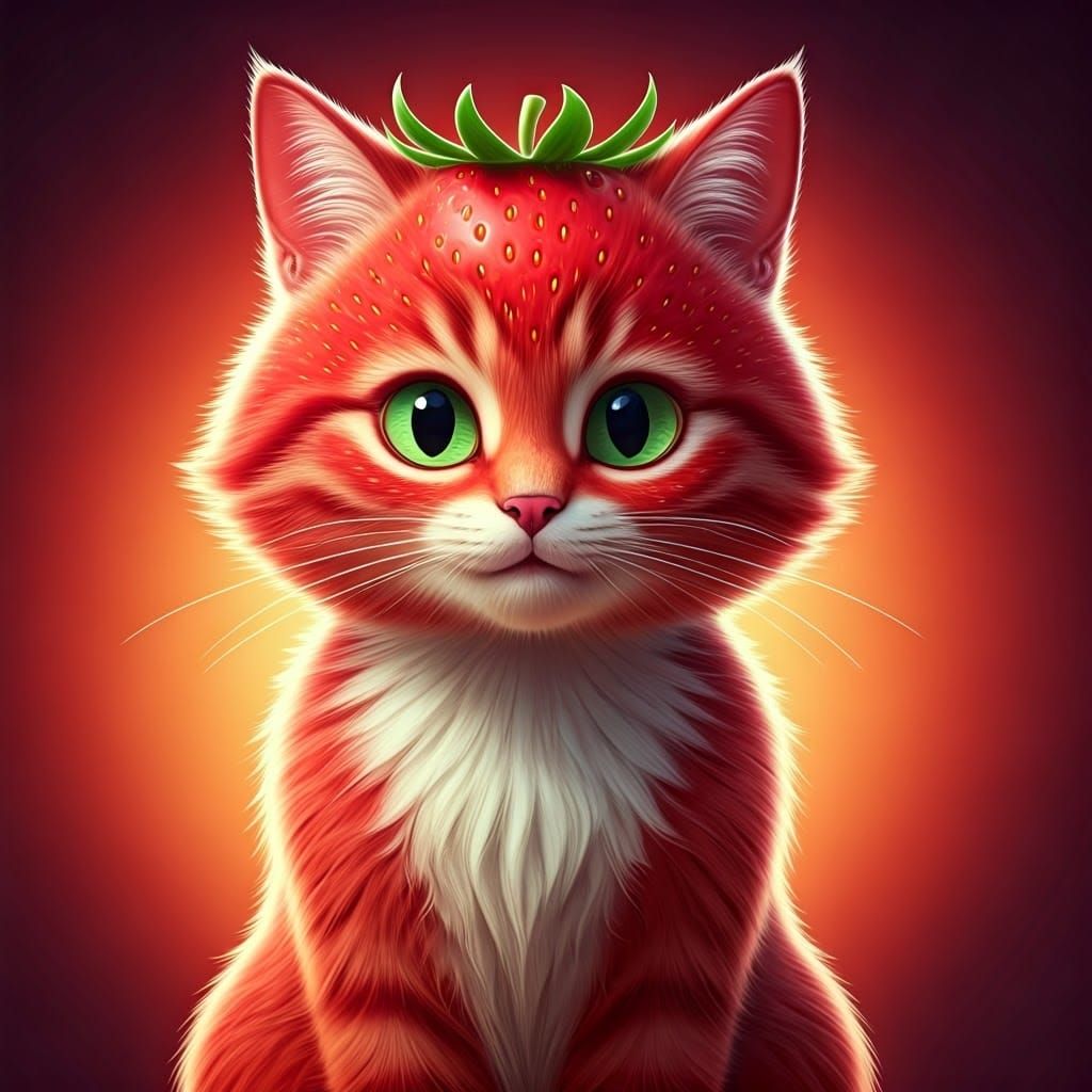 Furry Strawberry Feline in Vibrant Digital Art
